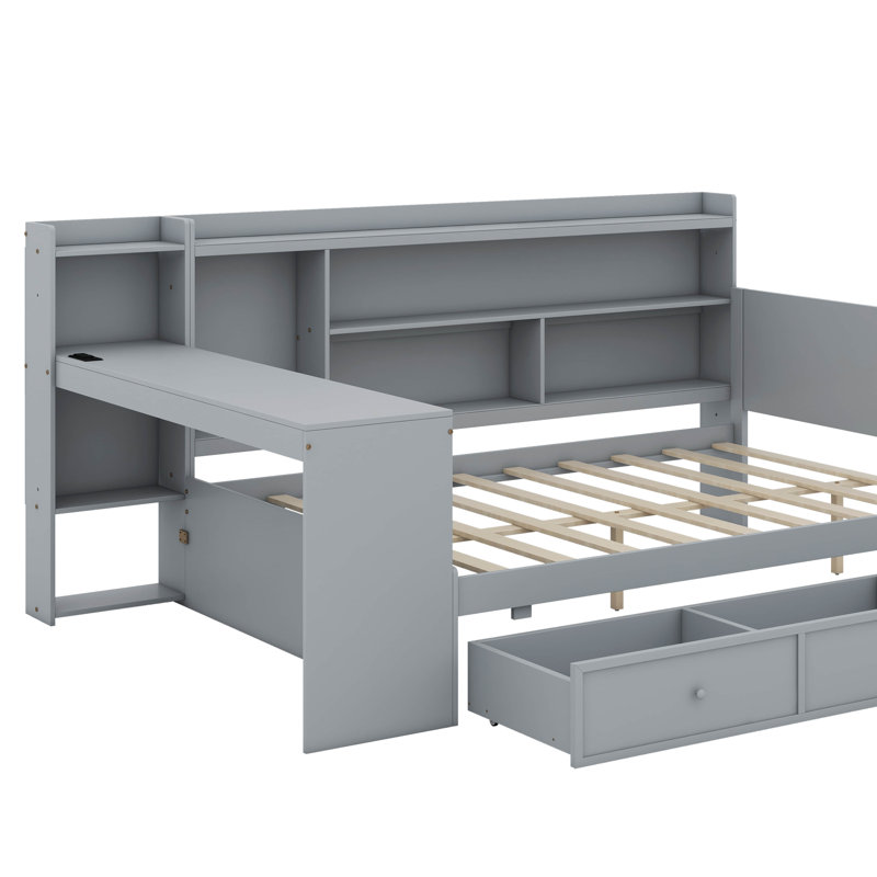Full Size Wooden Daybed With Drawers, USB And Desk, Gray