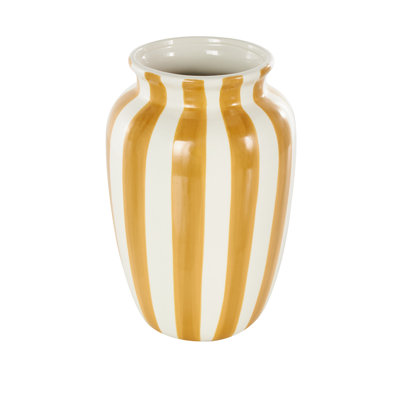 Cole And Grey Ceramic Round Wide Decorative Vase With Teal Vertical Stripes