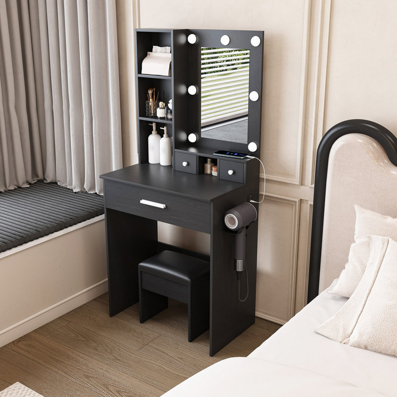 Vanity Table with Mirror & Adjustable LED Lights, Power Outlet, Hairdryer Holder & Stool – Compact Dressing Desk for Small Bedrooms(Black)