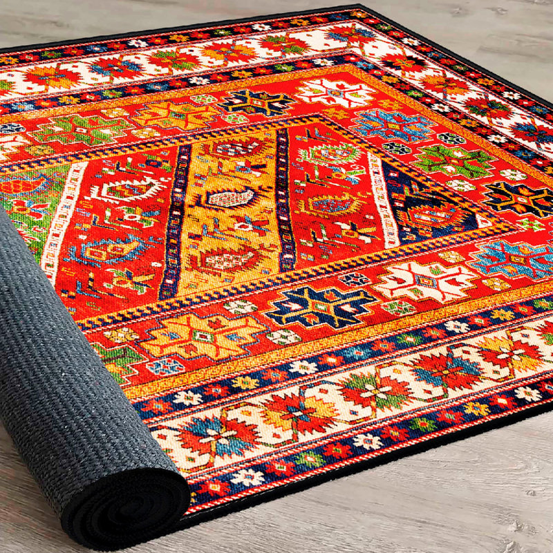 Antibacterial Cotton Area Rug, 2.6 x 4.9 Feet | Non-Slip PVC Underside & Dot Base | 100% Cotton, 7.0 mm Total Thickness | Machine Washable, Red, Green, White & Yellow | Perfect for Home Decor & Comfort