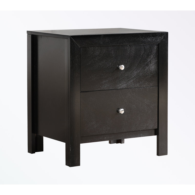 Table de chevet avec deux tiroirs et poignées en métal, Noir
