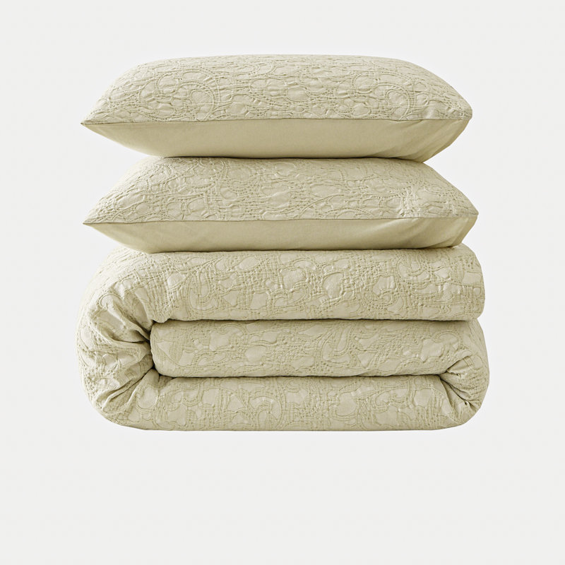Softpage Comforter Set, Vintage Farmhouse Bedding, Cotton Comforter Jacquard With Curling Grass Pattern, Stone Washed, Cream