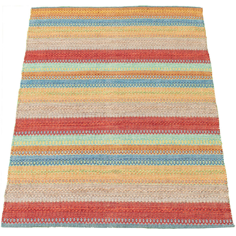 Tapis rouge / vert / beige en laine à motif géométrique fait à la main Kilim, Rectangle 4 pi x 5 pi 10 po