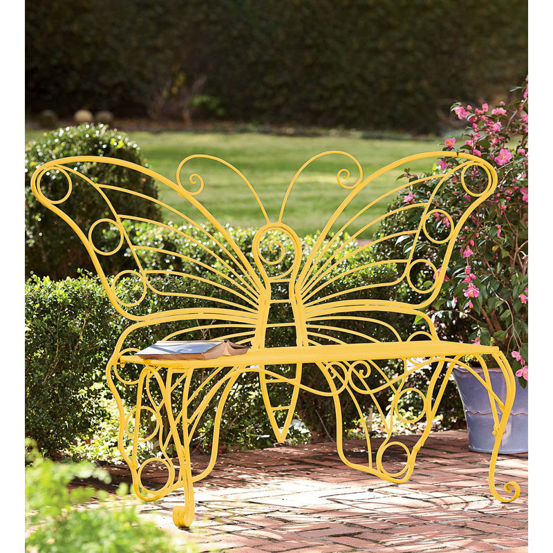 40 in. Yellow Metal Butterfly Garden Bench, Yellow, 40" H x 64" W x 19" D