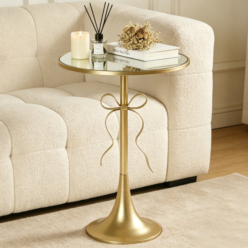 Metal Round Side Table with Mirror Top and Retro Bow Design, Gold Martini Drink Table, Stylish Accent End Table for Small Space, Living Room, Couch, Patio