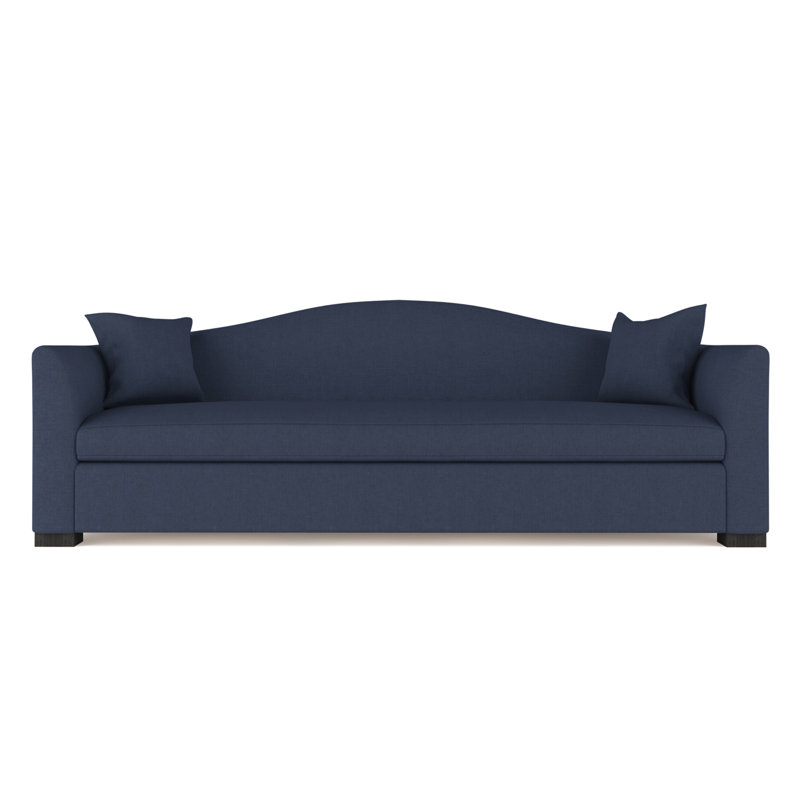 Horatio Camelback Taper Curved-Arm Sofa, Box Weave Linen Blue Print, 33" H x 108" W x 36" D, Natural