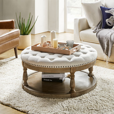 Martha Stewart Terri Button Tufted 32" Round Ottoman with Skirt