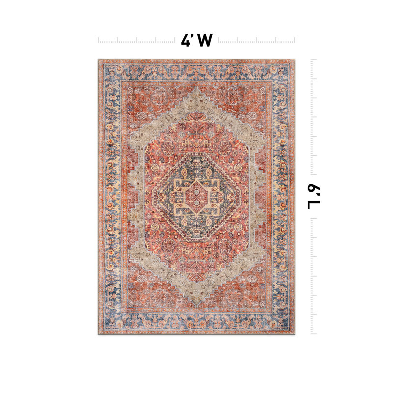 Valora Red Vintage Medallion Washable Low-Pile Area Rug With Non-Slip Backing, Rectangle 4' x 6'