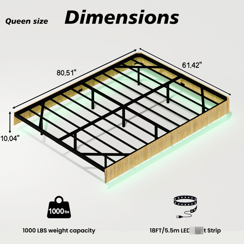 Queen Oak Floating Bed Frame, Wave Curve Wood Panel, Led Lights With 60000 + Color Choices, Heavy Duty Metal Support, Concealed Internal Structure, Sound - Activated Scene Switching, Texture,