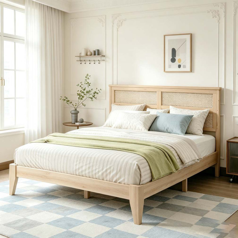 Lit en bois massif avec tête de lit en rotin, Beige, Grand lit