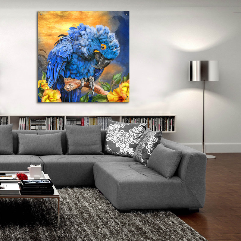 Art mural en verre Bayou Breeze «Hyacinth In The Hibiscus» par Carol Cavalaris, 36 po x 36 po