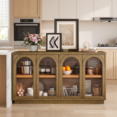 Buffet à 4 portes avec portes vitrées cintrées, étagères réglables sur 3 niveaux et système de gestion des câbles – Grand buffet de rangement pour la cuisine, la salle à manger et le salon