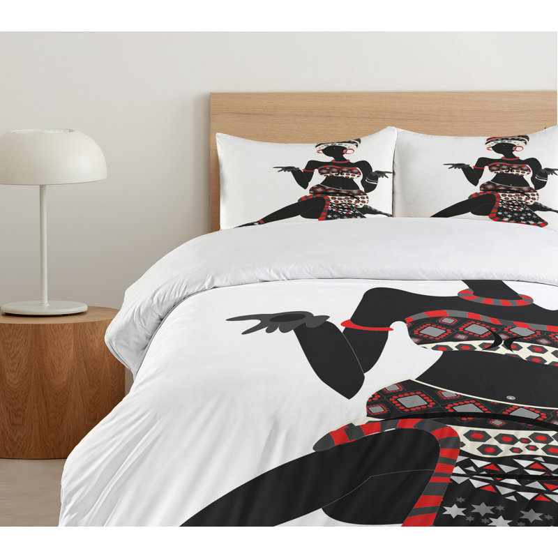 Queen Charcoal Grey Vermilion African Duvet Cover Set with Pillow Shams