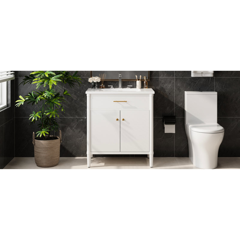Meuble-lavabo blanc 31 po avec lavabo, fonctionnalité de fermeture en douceur, tablette réglable, conception incurvée, pieds en bois d'hévéa, poignées dorées mates, portes d'armoire compactes, tablettes intérieures,