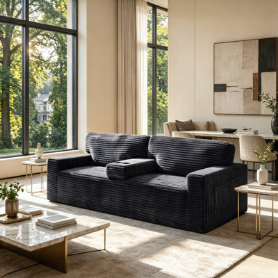 91.7" Convertible 2 to 3 Seat Corduroy Sofa with Detachable Cup Holder Armrest, Compressed Low-Profile Legless Couch