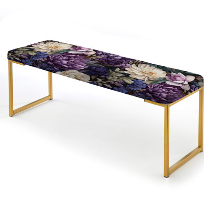 Deep Emerald Purple Peonies Enchanted - Floral Upholstered Gold Bench