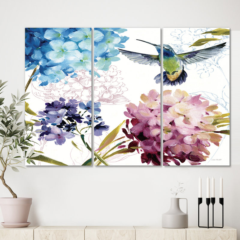 « humming oiseau blue floral », reproduction d’image à plusieurs pièces sur toile campagne, H 28 po x l 36 po x P 1 po