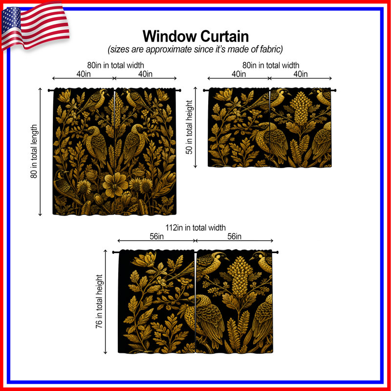 Rideaux de fenêtre Golden Birds Botanical, 20in x 60in - 2 panels, Sheer