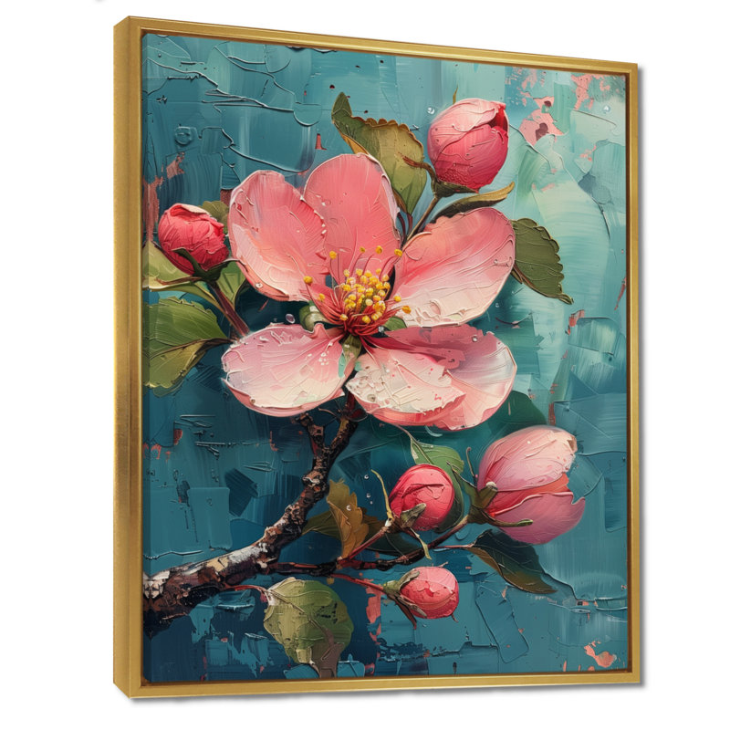 Rose, bleu, éclatant, fleur de pommier, Cadre flottant doré, H 16 po x l 32 po