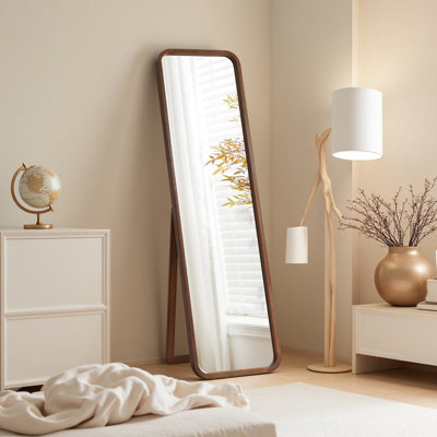 Solid Beech Wood Full Length Mirror, Freestanding Floor Mirror with Stand, Wood Frame Body Mirror for Bedroom Living Room, 2-in-1 Wall Mounted Dressing Mirror