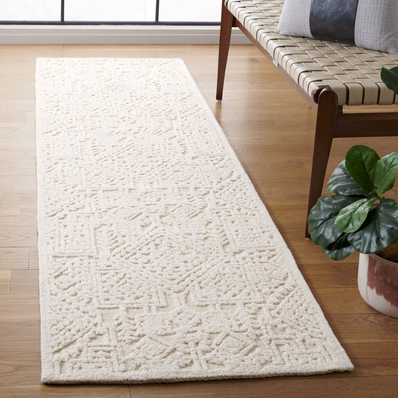 Tapis oriental texturé ivoire en laine / coton touffeté à la main, Tapis de couloir 2 pi 3 po x 8 pi