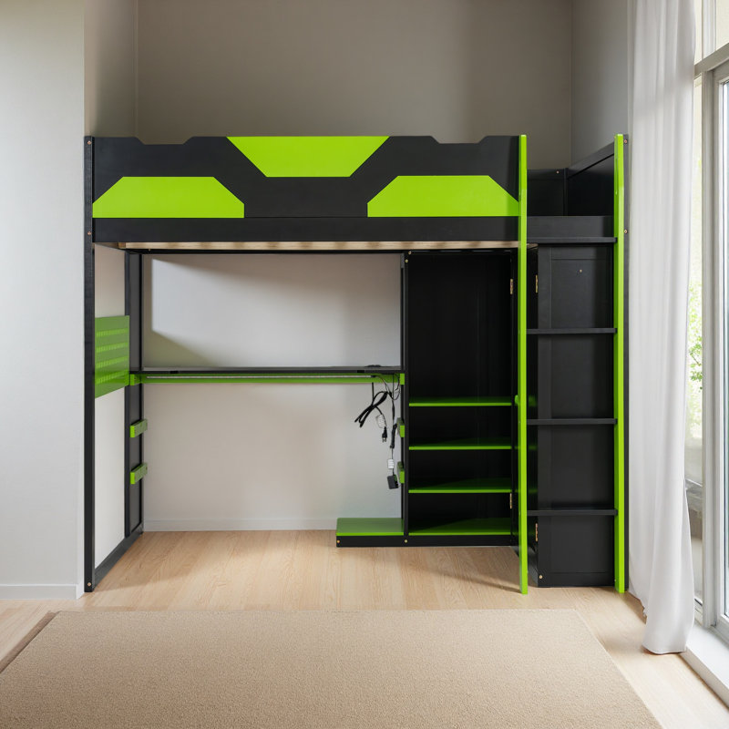 Lit mezzanine double en bois avec bureau, tablettes multiples, lumière USB et RVB, Vert