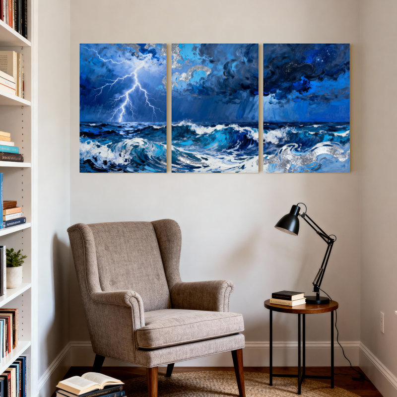 Nautique et plage, vagues de l'océan orageux, éclair de ciel, ensemble de 3 impressions, H 18 po x l 36 po