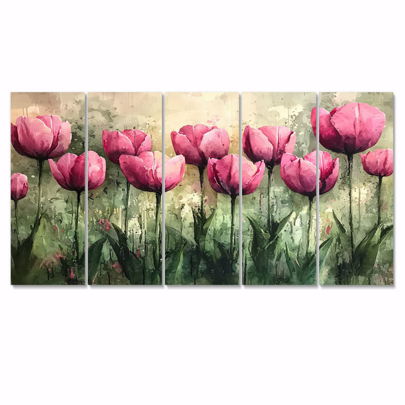 Lundergan - Tulips Wall Art - Art mural traditionnel pour le salon, 5 pièces, H 32 po x l 80 po