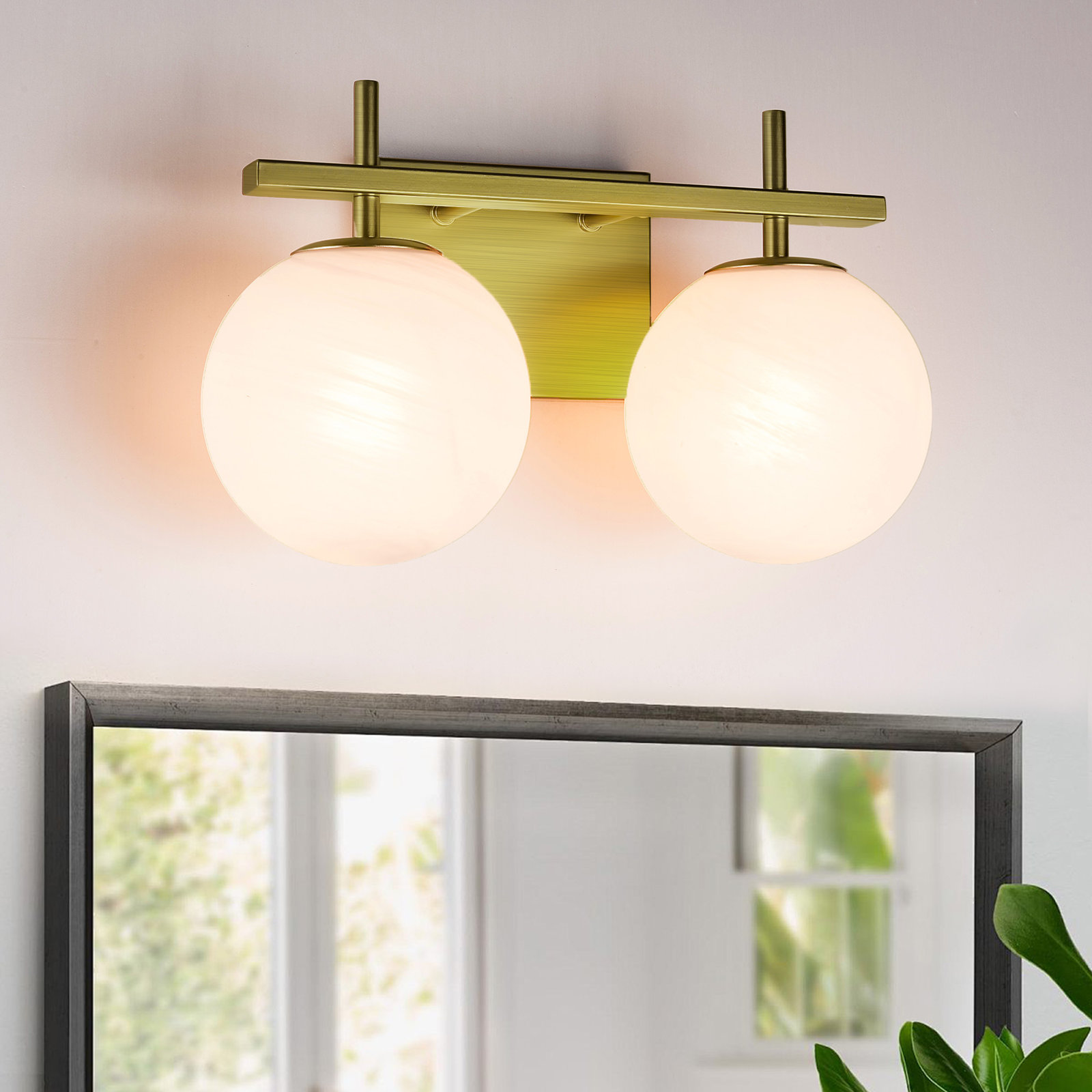 Bathroom Vanity Light With Round Shape Cloud Glass Shade, 2, Polished Brass