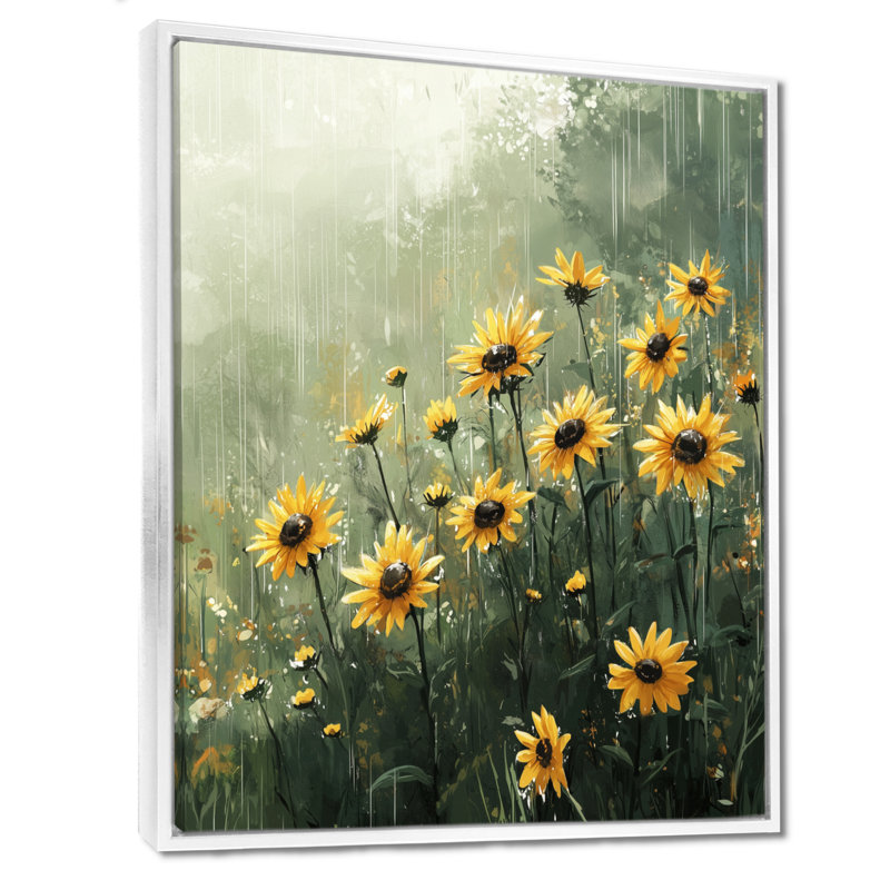 Duanys Vintage Rainy Day Sunflowers II - Art mural grand tournesols, H 20 po x l 12 po, Impression encadrée flottante, Blanc
