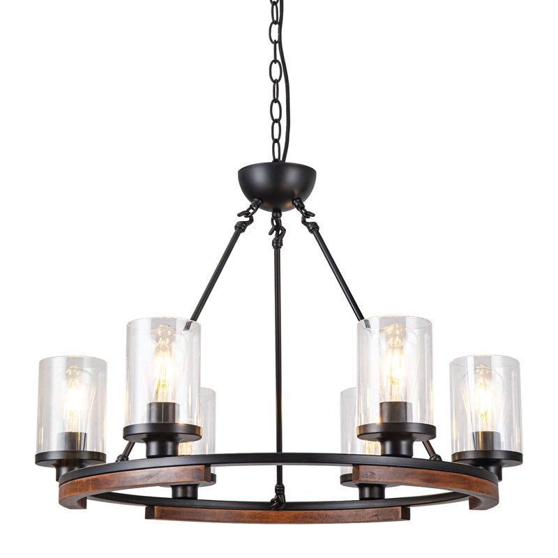Lustre en forme de roue de chariot en bois 6 lumières