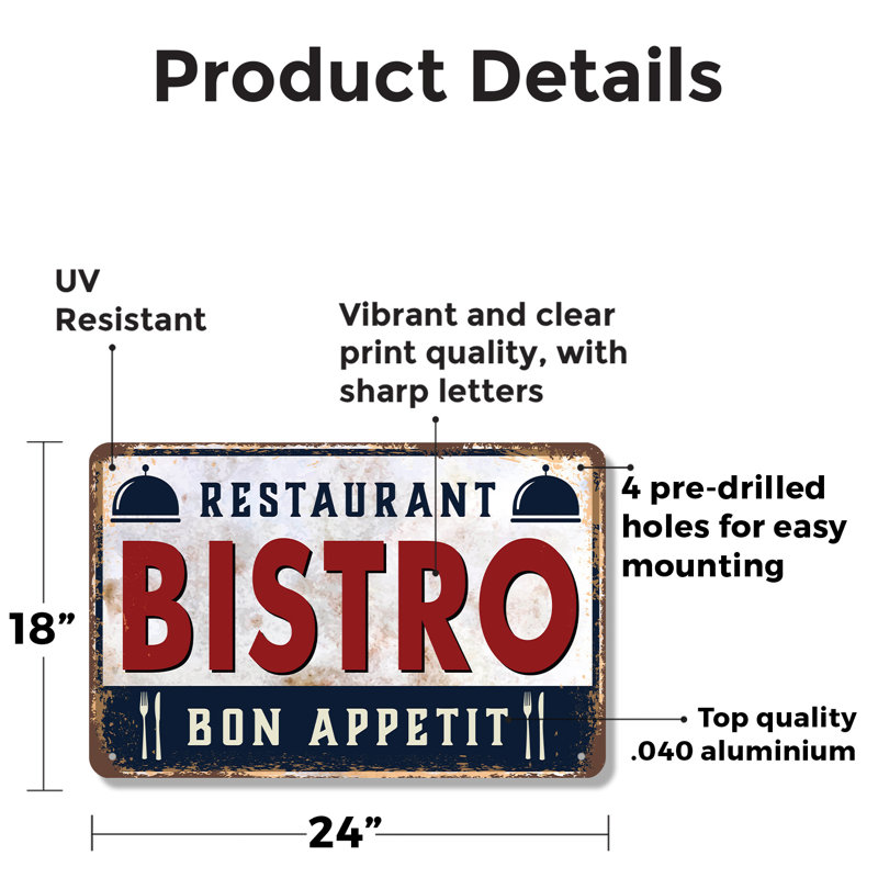 Enseigne de fantaisie en aluminium Bistro 18 po x 24 po Bistro, H 18 po x l 24 po x P 0,1 po