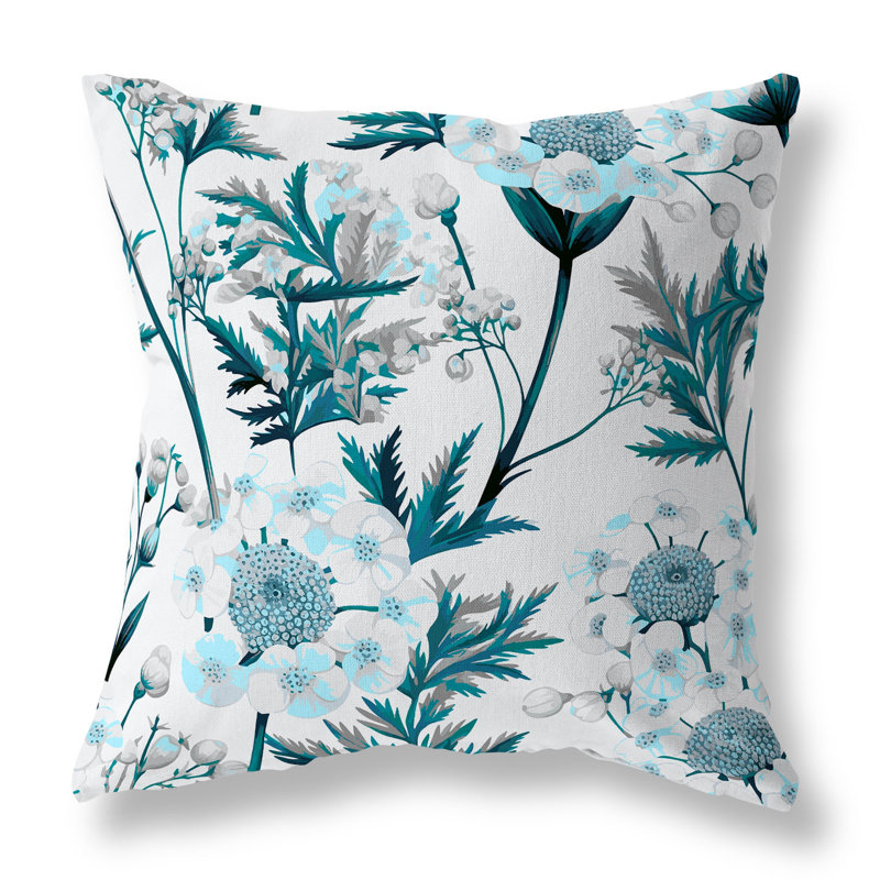 Coussin Millefolium, H 18 po x l 18 po, Blanc / turquoise