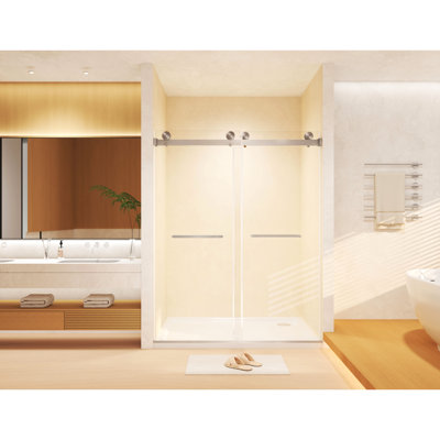 Double porte de douche coulissante de l 44 à 48 po x H 74 po, verre trempé de 8 mm, film résistant, poignée en acier inoxydable nickel brossé, conception flexible à rail carré pour une utilisation adaptable, acier inoxydable anticorrosion transparent,