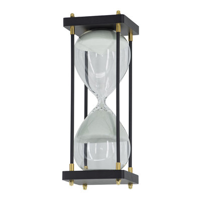 Judy Decorative Hourglass Timer, Brown Wood, Black Iron Rods, Glass 12 Inch