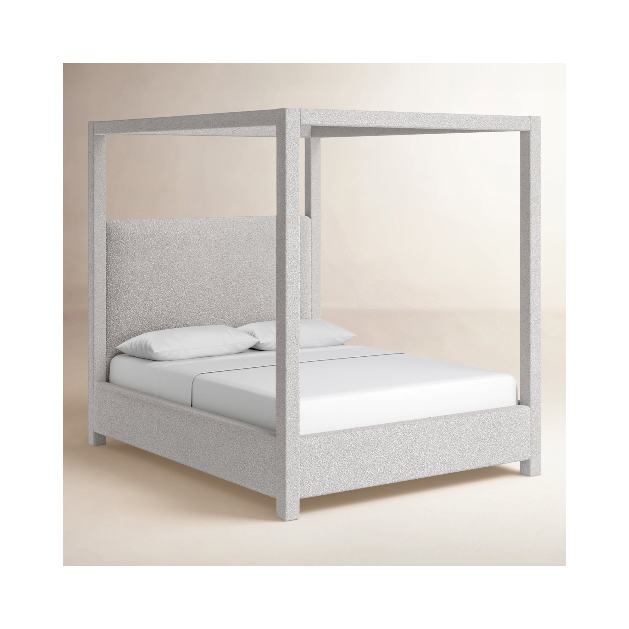 Upholstered Canopy Bed, Queen, Cream Boucle Fabric