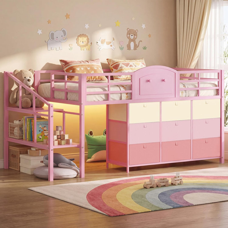 Lit mezzanine simple simple avec 9 tiroirs de rangement et tablettes pour escalier Lit mezzanine pour enfants avec espace de rangement sous le lit