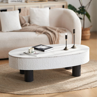 Table basse ovale avec plateau en faux marbre, table basse moderne avec tiroir caché et espace de rangement, table basse pour le salon, la chambre à coucher, le bureau