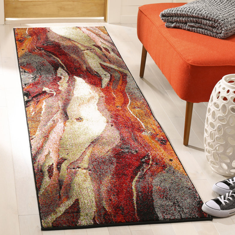 Tapis rouge / gris à motif abstrait Chaena, Tapis de couloir 2 pi 3 po x 8 pi