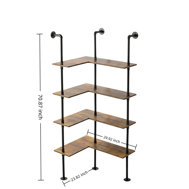 Tablette de coin industrielle à 4 niveaux avec tuyaux, bibliothèque murale en bois rustique, support de rangement ouvert en forme de L pour le salon, la chambre à coucher, la cuisine, le bureau à domicile