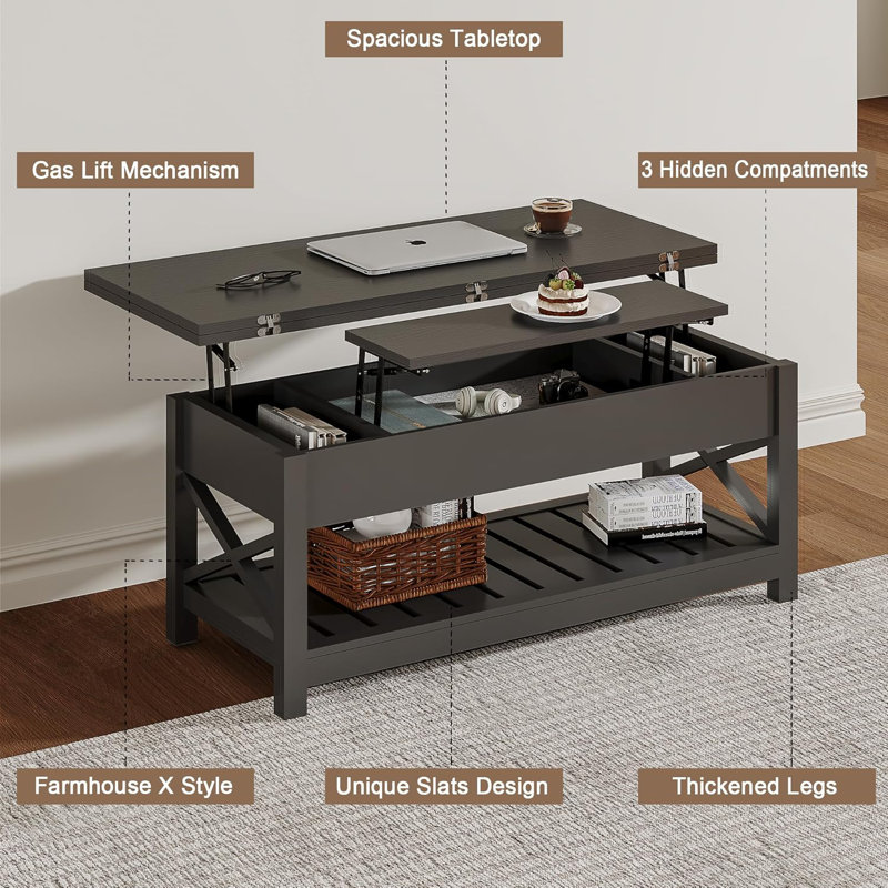 Coffee Table Lift Top, Multi-Function Convertible Coffee Table With Storage And Hidden Compartment, Coffee Table Converts To Dining Table For Living Room, 40
