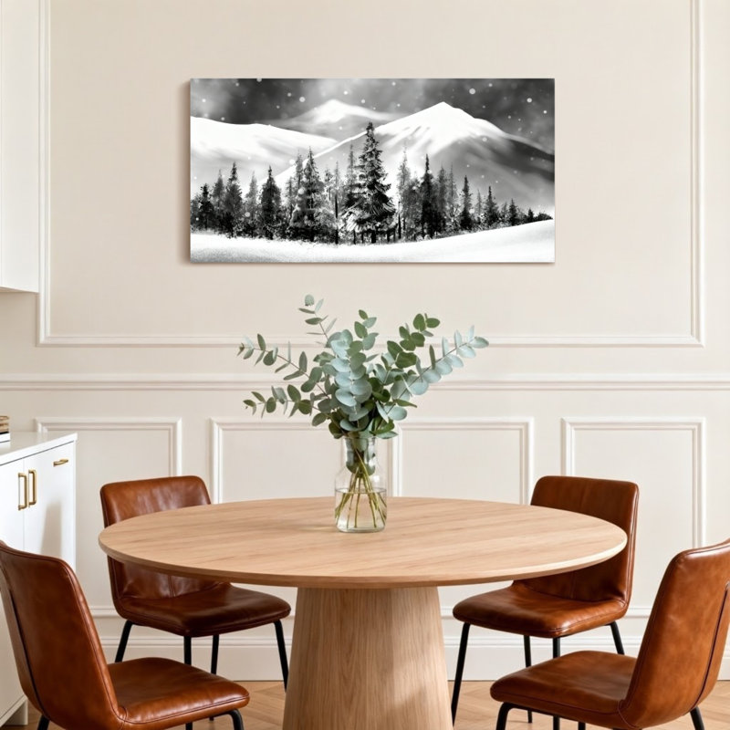 Paysage d'hiver avec paysage de montagnes enneigées et de pins, H 16 po x l 32 po