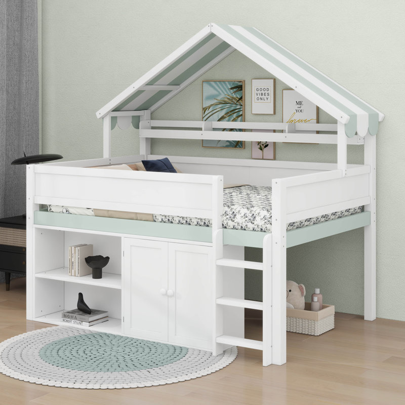 Full Size Loft Bed With Canopy Roof And Storage Cabinet, White/Green