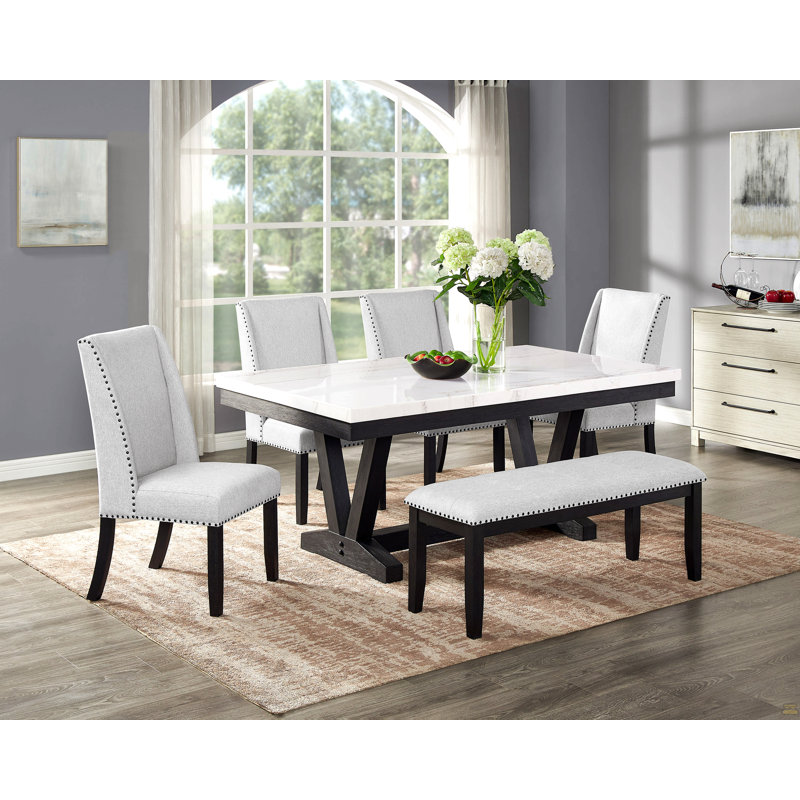 1 table de salle à manger moderne transitionnelle formelle en marbre véritable blanc avec plateau en tréteaux et pieds en bois noir