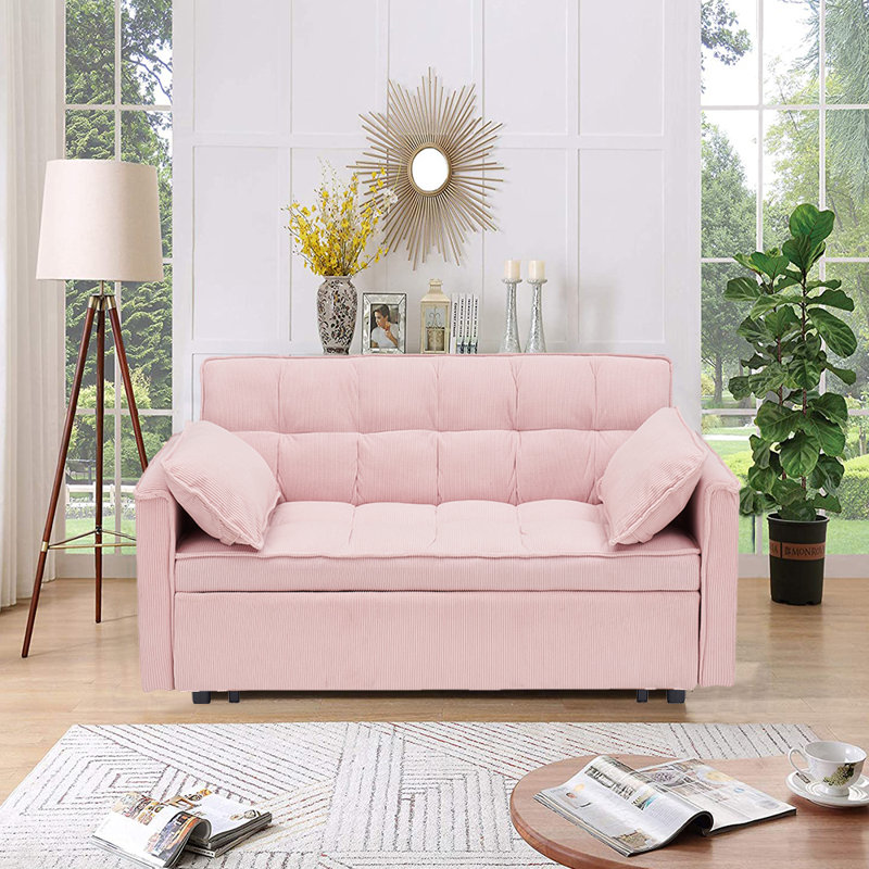 Causeuse convertible Jashlyn, canapé-lit pour petits appartements, Velours côtelé rose