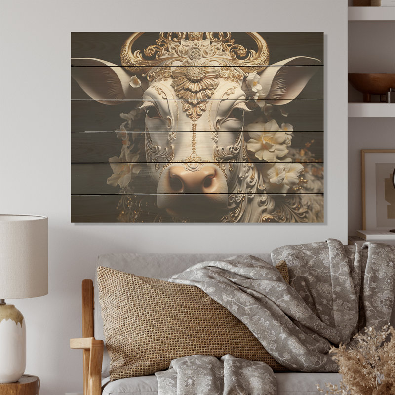 Portrait de bouvier baroque I - Vache, art mural sur bois de pin naturel, H 24 po x l 32 po