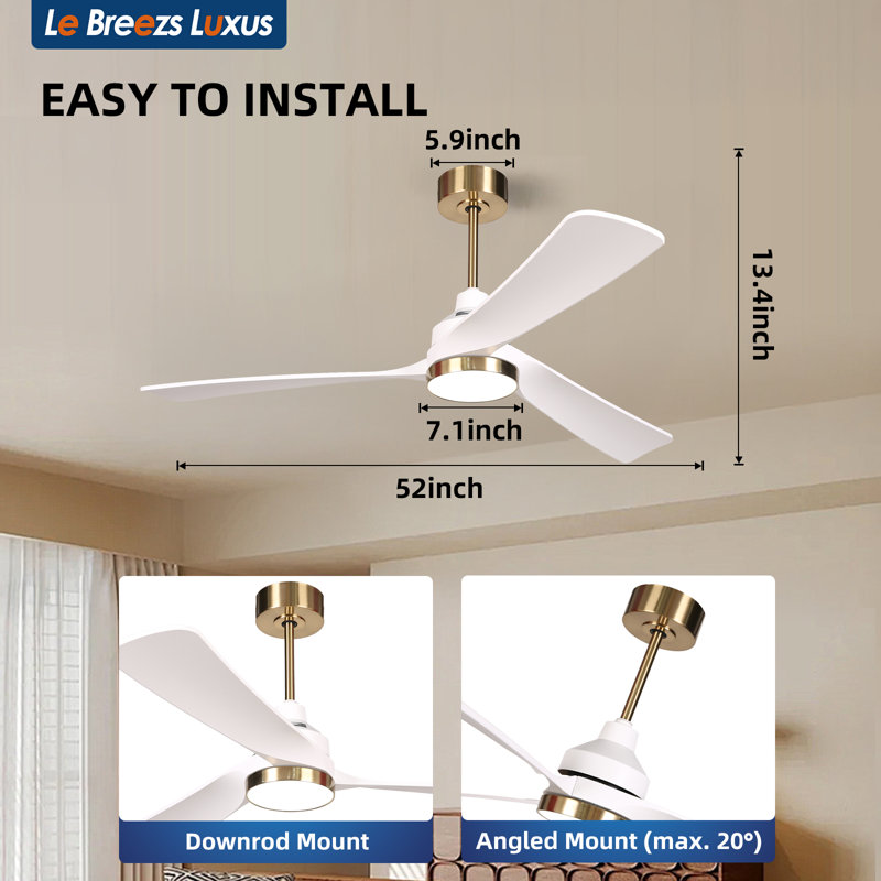  Ceiling Fans with Lights 52 Inch, Quiet 3CCT Modern LED Ceiling Fans with Remote for Bedroom, Living Room, Kitchen, 6 Speeds, Reversible DC Motor, Timer, Memory, White Gold