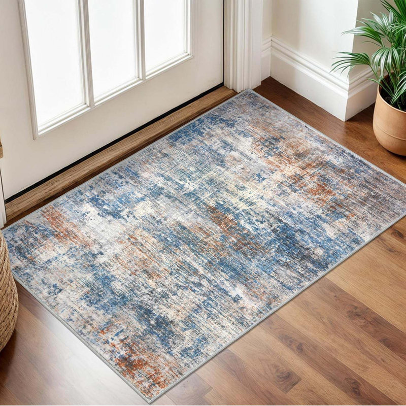 Small Abstract Area Rug 2X3 Ft Entryway Rugs Washable Door Mat Indoor Entrance, Rubber Backed Throw Rugs, Blue/Brown
