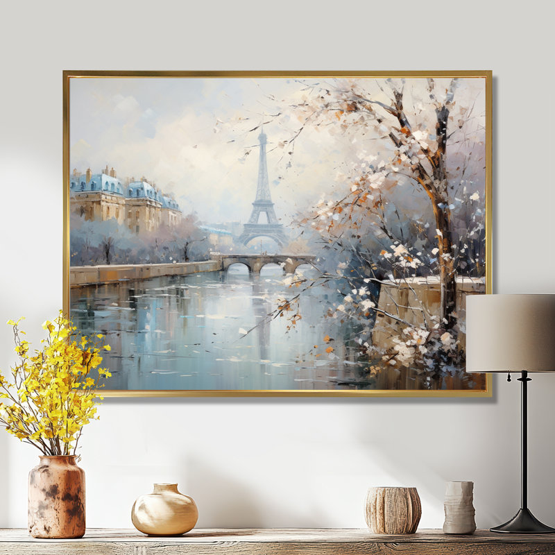 Hiver Paris, Tour Eiffel, charme de ville I - Paris, art mural, Cadre flottant doré, H 24 po x l 32 po x P 1 po