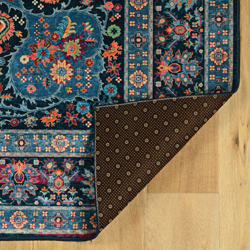 Tapis bleu et framboise tissé à plat à la machine avec envers antidérapant Emanuel , Rectangle 5 pi x 7 pi 6 po